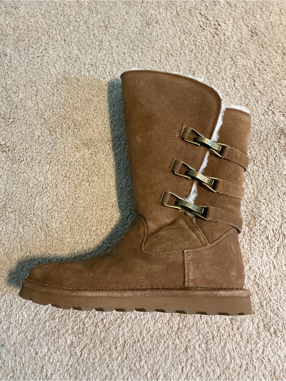 BearPaw Women's Brown Suede Mid-Calf Shearling Boot with Buckles